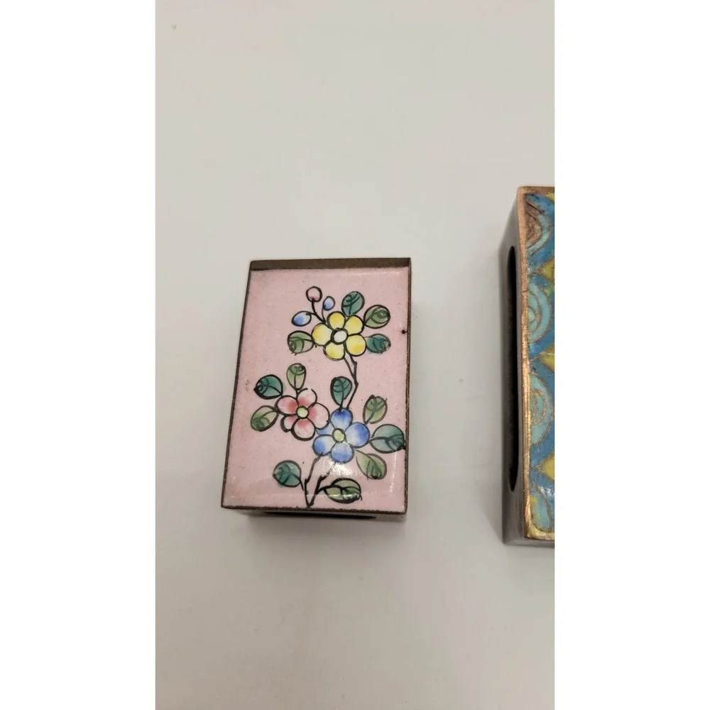 Lot of 3 vintage Chinese cloisonné enamel brass matchbox holders Dragon Flowers